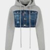 Medium Ripped Wash Denim Mix Cropped Hybrid Hoodie Medium Ripped Wash Denim Mix Cropped Hybrid Hoodie