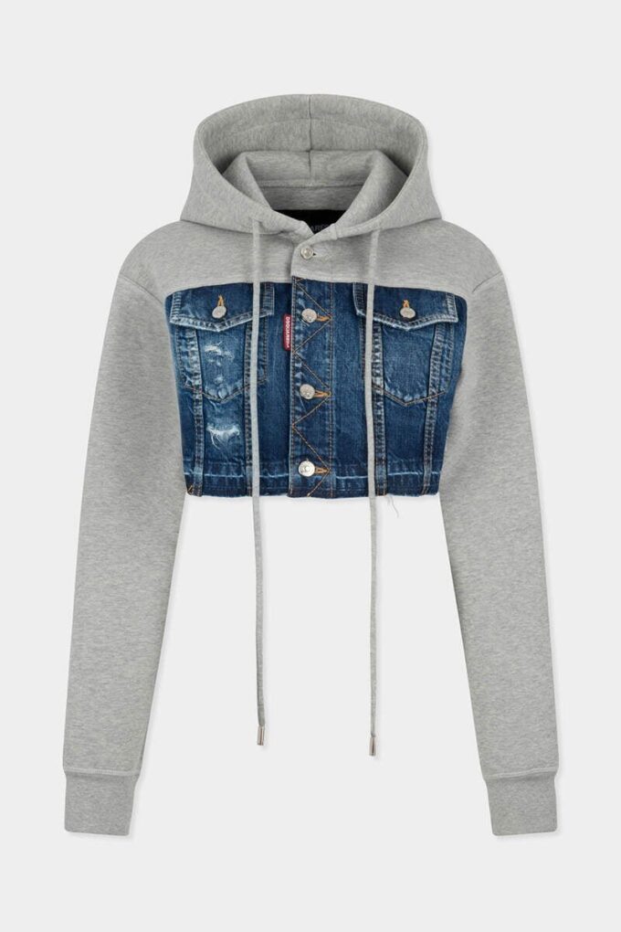Medium Ripped Wash Denim Mix Cropped Hybrid Hoodie Medium Ripped Wash Denim Mix Cropped Hybrid Hoodie