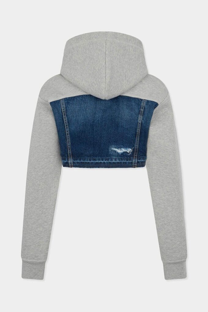 Medium Ripped Wash Denim Mix Cropped Hybrid Hoodie Medium Ripped Wash Denim Mix Cropped Hybrid Hoodie